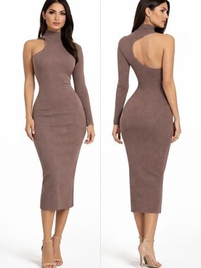 Zara midi dress S brown ribbed body con low back one arm stretch wedding guest
